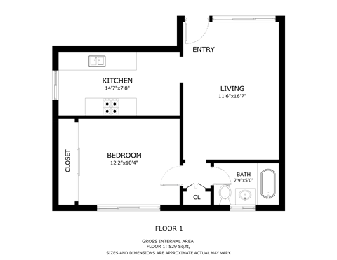 Floor plan for 1 bed, 1 bath